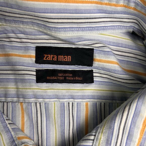 Zara Man Button Up Shirt Mens Medium Blue Orange 100% Cotton Striped Fall Formal - Picture 3 of 7